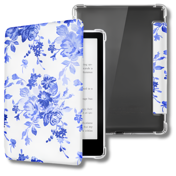 Protect your Kindle Paperwhite 12th Gen with this elegant blue floral flip case featuring a durable clear acrylic back. Lightweight, stylish, and designed for everyday protection while adding a timeless bookish aesthetic to your reading experience.