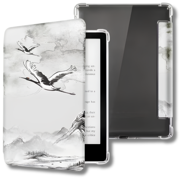 Protect your Kindle Paperwhite 12th Gen with this elegant crane and mountain landscape flip case featuring a durable clear acrylic back. Inspired by traditional ink wash art, this lightweight cover combines timeless aesthetics with everyday protection for book lovers and avid readers.