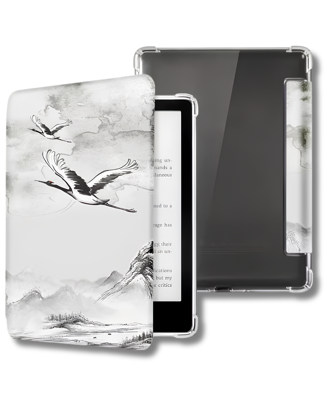 2 Protect your Kindle Paperwhite 12th Gen with this elegant crane and mountain landscape flip case featuring a durable clear acrylic back. Inspired by traditional ink wash art, this lightweight cover combines timeless aesthetics with everyday protection for book lovers and avid readers.